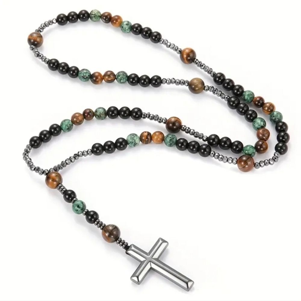Tigers Eye rosary hematite turquoise Beaded Cross Necklace